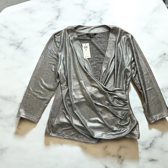 Ralph Lauren Tops - Ralph Lauren Silver Metallic V Neck Wrap Women's Top